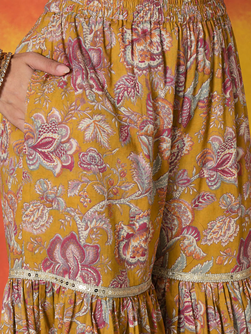 Stylum Women's Mustard Floral Printed Pure Cotton A-Line Short Kurti Sharara Dupatta Set (KSDMUSTAMBUSH)