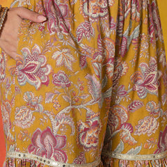 Stylum Women's Mustard Floral Printed Pure Cotton A-Line Short Kurti Sharara Dupatta Set (KSDMUSTAMBUSH)