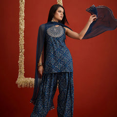 Stylum Women's Navy Bandhej Printed & Embroidered Rayon Straight Short Kurti Farshi Salwar Dupatta Set (KSDNAVYNYCIL)