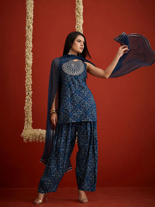 Stylum Women's Navy Bandhej Printed & Embroidered Rayon Straight Short Kurti Farshi Salwar Dupatta Set (KSDNAVYNYCIL)