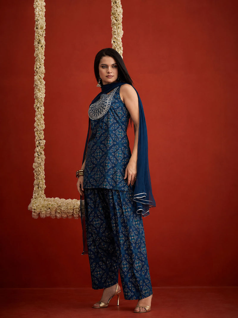 Stylum Women's Navy Bandhej Printed & Embroidered Rayon Straight Short Kurti Farshi Salwar Dupatta Set (KSDNAVYNYCIL)