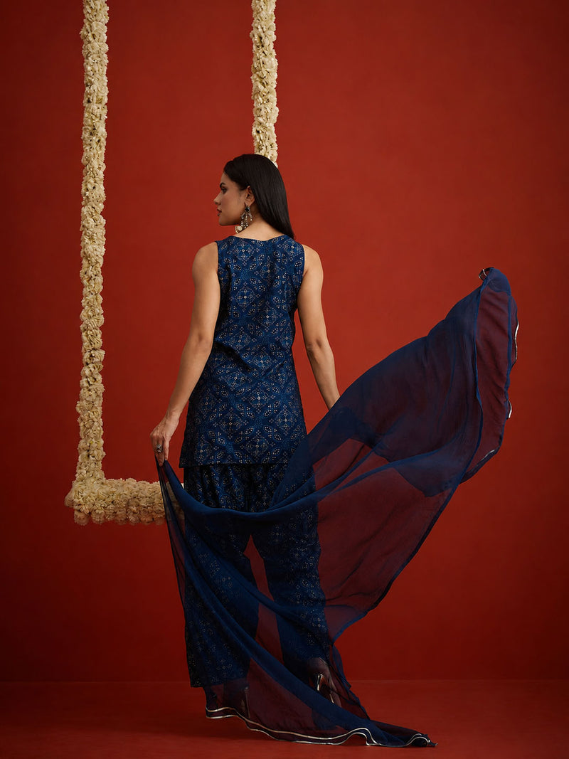 Stylum Women's Navy Bandhej Printed & Embroidered Rayon Straight Short Kurti Farshi Salwar Dupatta Set (KSDNAVYNYCIL)