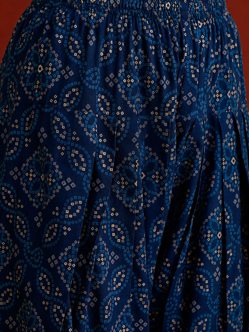 Stylum Women's Navy Bandhej Printed & Embroidered Rayon Straight Short Kurti Farshi Salwar Dupatta Set (KSDNAVYNYCIL)
