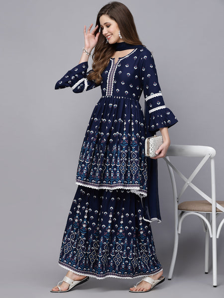 Stylum Women's Printed Rayon Short Kurta with Sharara & Dupatta (KSDNITYA)