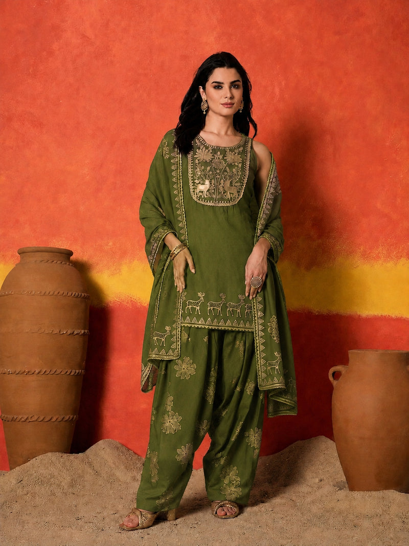 Stylum Women's Olive Gold Printed & Embroidered Rayon Straight Short Kurti Farshi Salwar Dupatta Set (KSDOLIVEAURELIA)