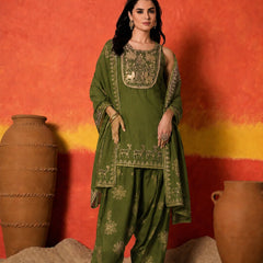 Stylum Women's Olive Gold Printed & Embroidered Rayon Straight Short Kurti Farshi Salwar Dupatta Set (KSDOLIVEAURELIA)