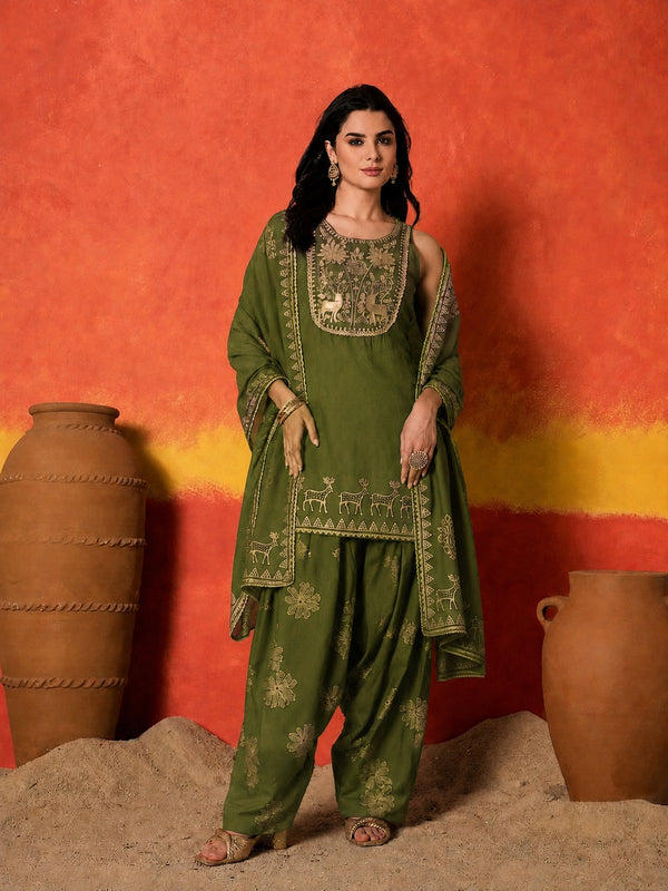 Stylum Women's Olive Gold Printed & Embroidered Rayon Straight Short Kurti Farshi Salwar Dupatta Set (KSDOLIVEAURELIA)