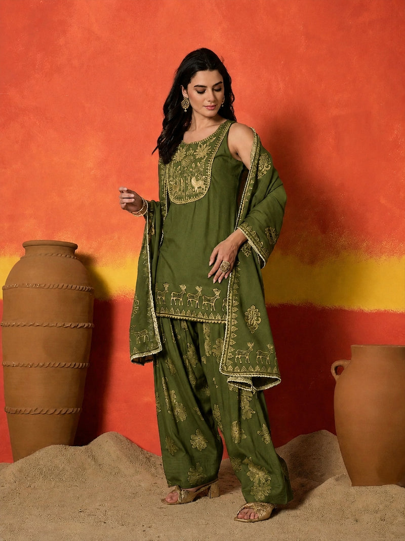 Stylum Women's Olive Gold Printed & Embroidered Rayon Straight Short Kurti Farshi Salwar Dupatta Set (KSDOLIVEAURELIA)