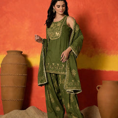 Stylum Women's Olive Gold Printed & Embroidered Rayon Straight Short Kurti Farshi Salwar Dupatta Set (KSDOLIVEAURELIA)