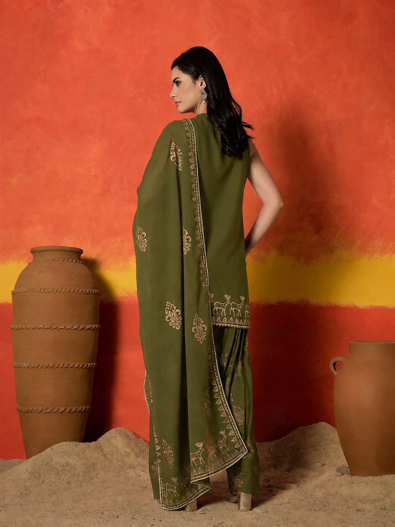 Stylum Women's Olive Gold Printed & Embroidered Rayon Straight Short Kurti Farshi Salwar Dupatta Set (KSDOLIVEAURELIA)