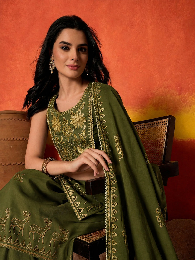 Stylum Women's Olive Gold Printed & Embroidered Rayon Straight Short Kurti Farshi Salwar Dupatta Set (KSDOLIVEAURELIA)