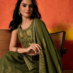Stylum Women's Olive Gold Printed & Embroidered Rayon Straight Short Kurti Farshi Salwar Dupatta Set (KSDOLIVEAURELIA)