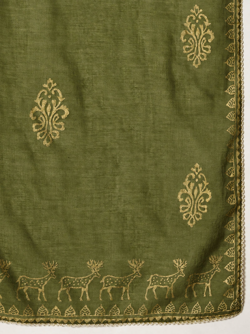 Stylum Women's Olive Gold Printed & Embroidered Rayon Straight Short Kurti Farshi Salwar Dupatta Set (KSDOLIVEAURELIA)
