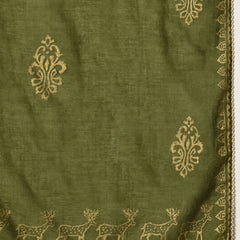 Stylum Women's Olive Gold Printed & Embroidered Rayon Straight Short Kurti Farshi Salwar Dupatta Set (KSDOLIVEAURELIA)
