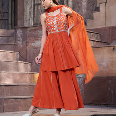 Stylum Women's Orange Solid & Embrpodered Rayon Short Kurti Sharara Dupatta Set (KSDORANGESOLO)