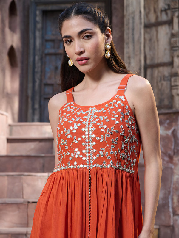 Stylum Women's Orange Solid & Embrpodered Rayon Short Kurti Sharara Dupatta Set (KSDORANGESOLO)