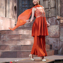 Stylum Women's Orange Solid & Embrpodered Rayon Short Kurti Sharara Dupatta Set (KSDORANGESOLO)