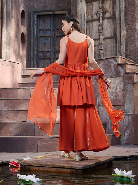 Stylum Women's Orange Solid & Embrpodered Rayon Short Kurti Sharara Dupatta Set (KSDORANGESOLO)