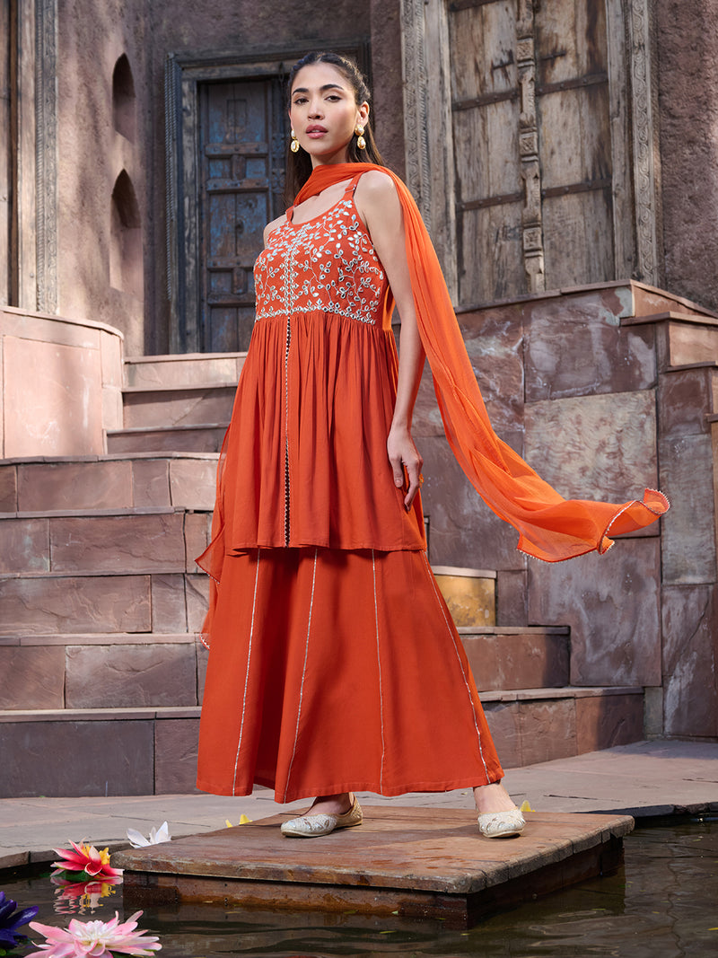 Stylum Women's Orange Solid & Embrpodered Rayon Short Kurti Sharara Dupatta Set (KSDORANGESOLO)