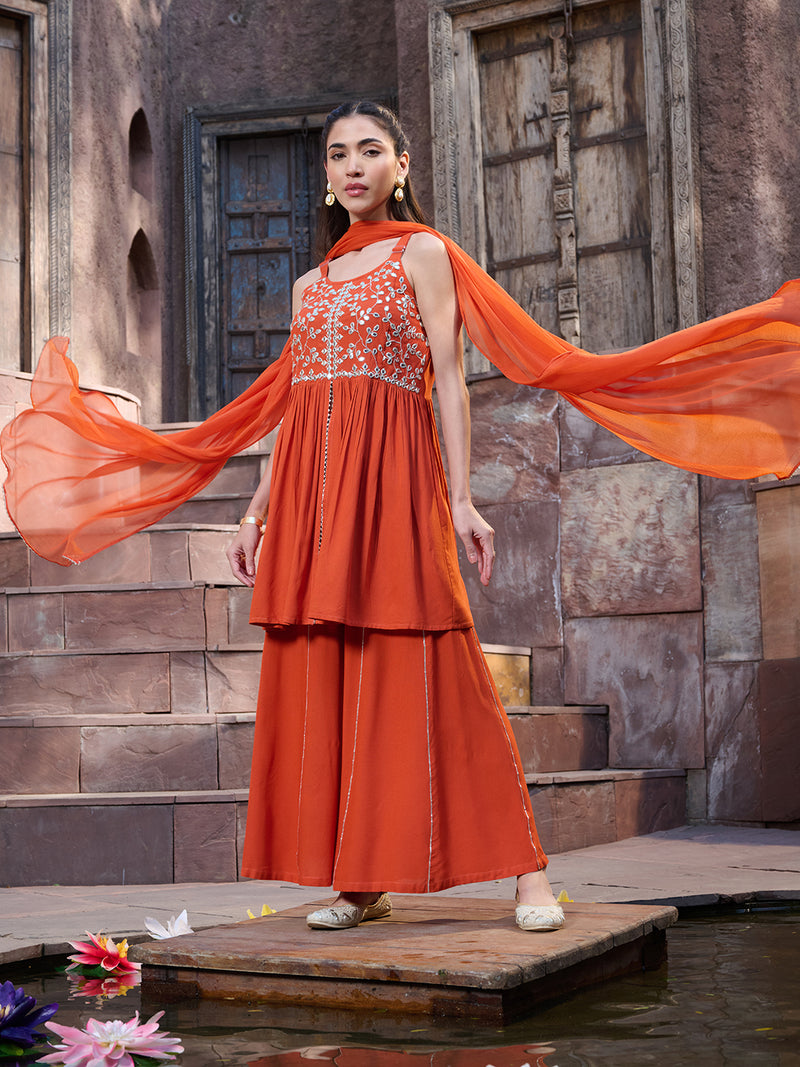 Stylum Women's Orange Solid & Embrpodered Rayon Short Kurti Sharara Dupatta Set (KSDORANGESOLO)