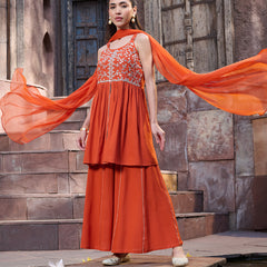 Stylum Women's Orange Solid & Embrpodered Rayon Short Kurti Sharara Dupatta Set (KSDORANGESOLO)