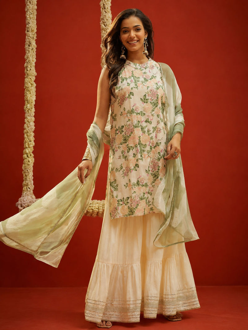 Stylum Women's Peach Floral Printed Cotton Straight Short Kurti Sharara Dupatta Set (KSDPEACHFORD)