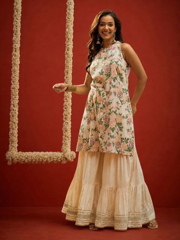 Stylum Women's Peach Floral Printed Cotton Straight Short Kurti Sharara Dupatta Set (KSDPEACHFORD)