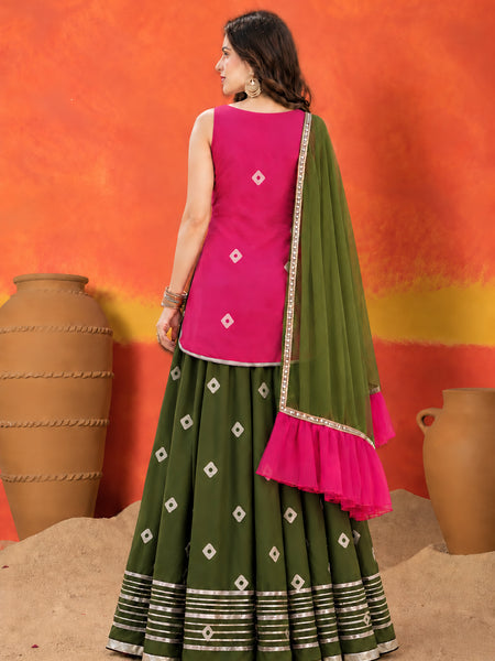 Stylum Women's Pink Bandhani Printed Rayon Straight Short Kurti Skirt Dupatta Set (KSDPINKAAINA)