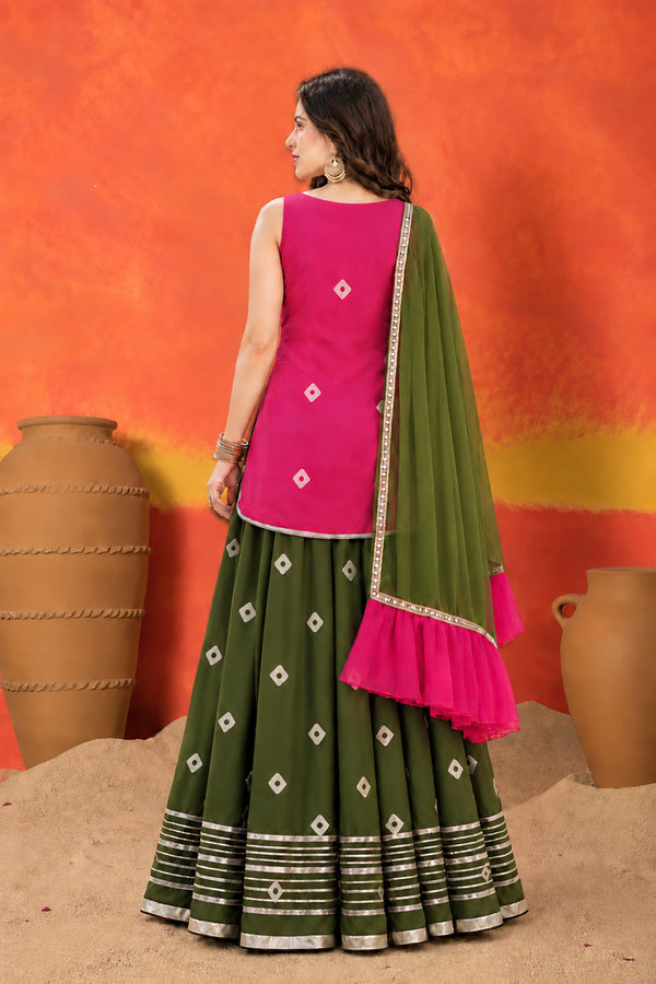 Stylum Women's Pink Bandhani Printed Rayon Straight Short Kurti Skirt Dupatta Set (KSDPINKAAINA)