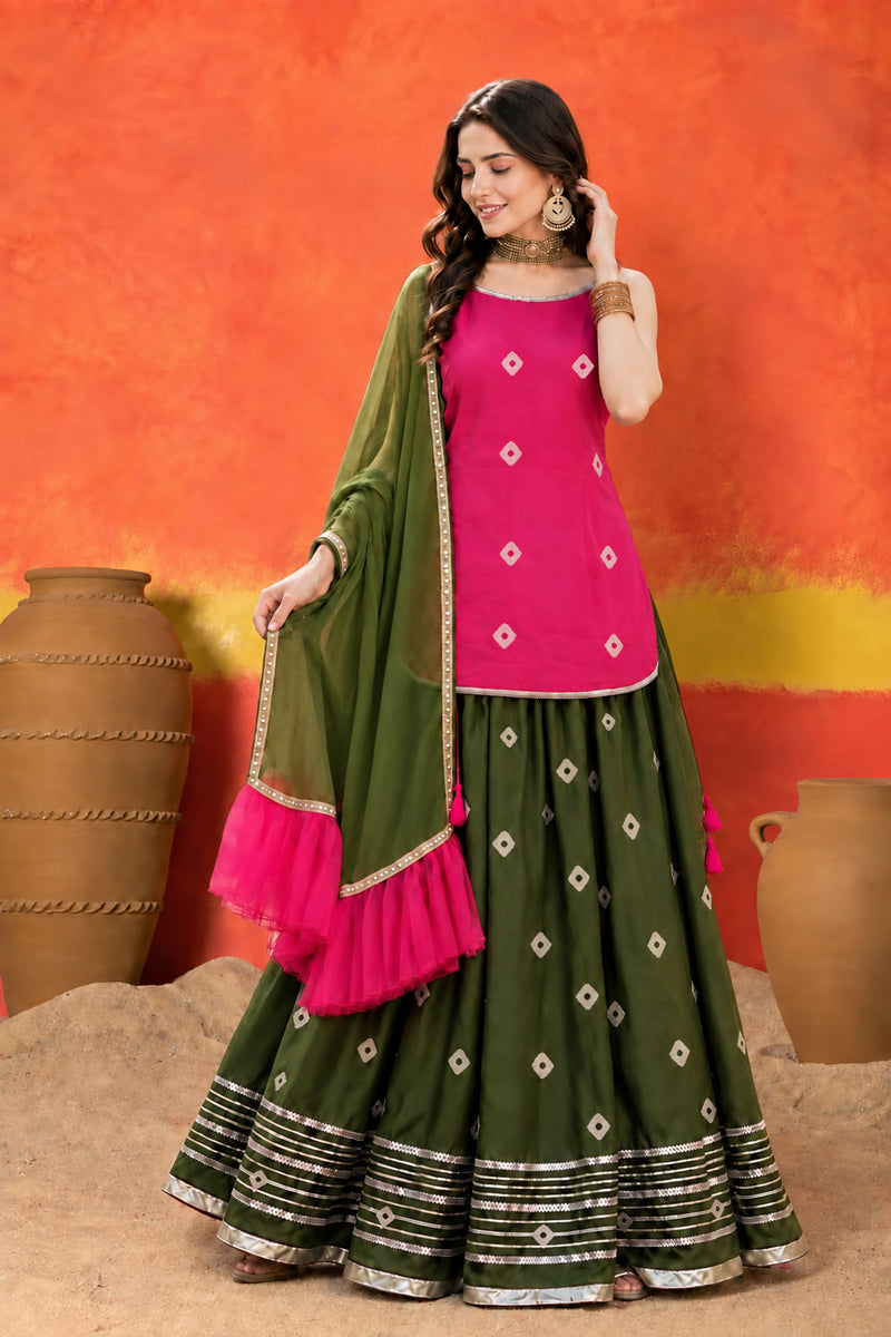Stylum Women's Pink Bandhani Printed Rayon Straight Short Kurti Skirt Dupatta Set (KSDPINKAAINA)