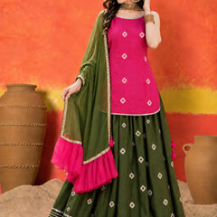 Stylum Women's Pink Bandhani Printed Rayon Straight Short Kurti Skirt Dupatta Set (KSDPINKAAINA)