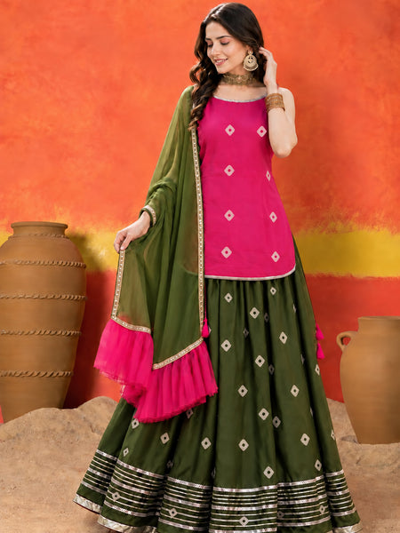 Stylum Women's Pink Bandhani Printed Rayon Straight Short Kurti Skirt Dupatta Set (KSDPINKAAINA)