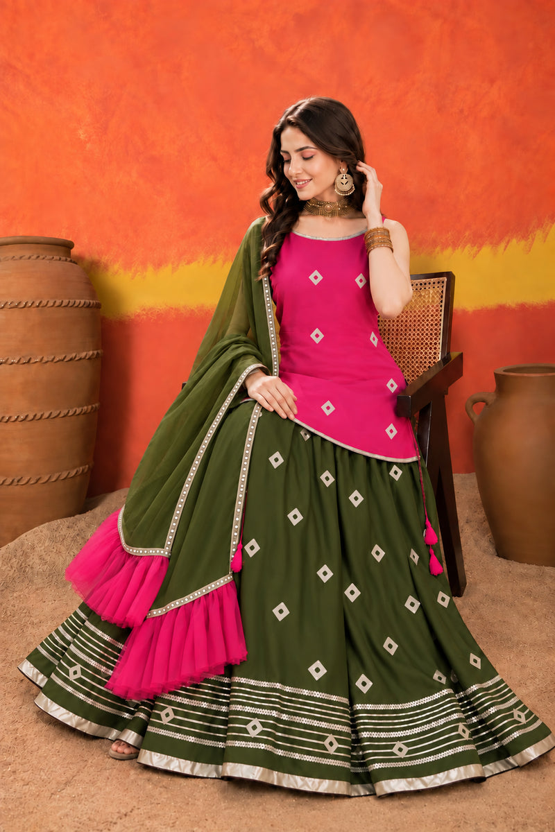 Stylum Women's Pink Bandhani Printed Rayon Straight Short Kurti Skirt Dupatta Set (KSDPINKAAINA)