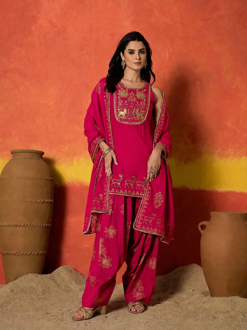 Stylum Women's Pink Gold Printed & Embroidered Rayon Straight Short Kurti Farshi Salwar Dupatta Set (KSDPINKAURELIA)