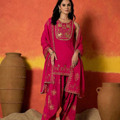 Stylum Women's Pink Gold Printed & Embroidered Rayon Straight Short Kurti Farshi Salwar Dupatta Set (KSDPINKAURELIA)