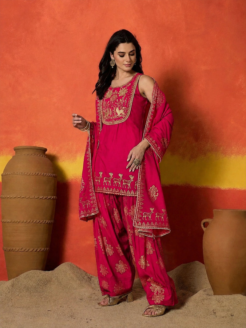 Stylum Women's Pink Gold Printed & Embroidered Rayon Straight Short Kurti Farshi Salwar Dupatta Set (KSDPINKAURELIA)
