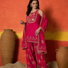 Stylum Women's Pink Gold Printed & Embroidered Rayon Straight Short Kurti Farshi Salwar Dupatta Set (KSDPINKAURELIA)