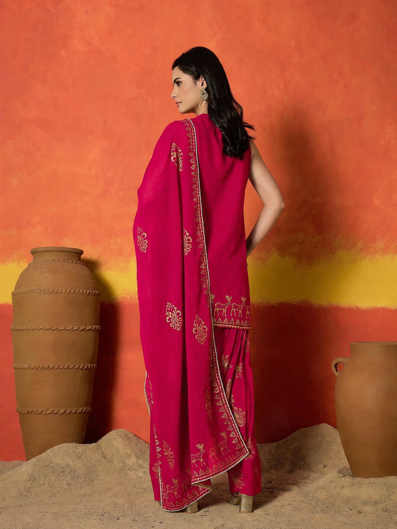 Stylum Women's Pink Gold Printed & Embroidered Rayon Straight Short Kurti Farshi Salwar Dupatta Set (KSDPINKAURELIA)