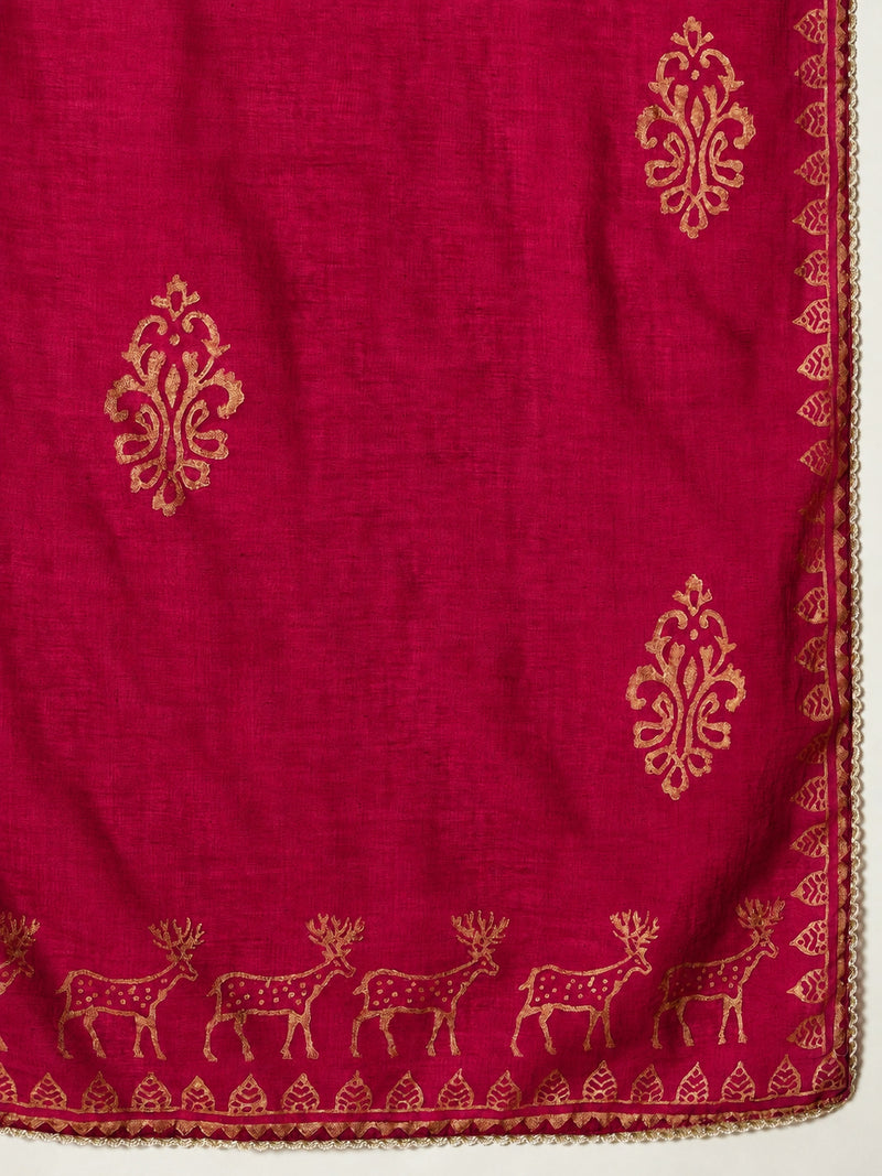 Stylum Women's Pink Gold Printed & Embroidered Rayon Straight Short Kurti Farshi Salwar Dupatta Set (KSDPINKAURELIA)