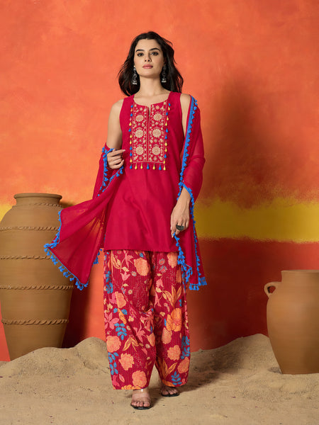 Stylum Women's Pink Solid & Embroidered Pure Cotton Straight Kurti Farshi Salwar With Dupatta (KSDPINKKOTTY)