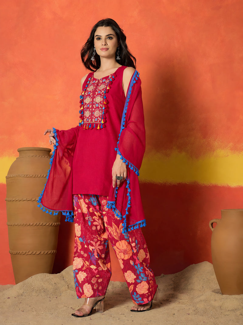 Stylum Women's Pink Solid & Embroidered Pure Cotton Straight Kurti Farshi Salwar With Dupatta (KSDPINKKOTTY)