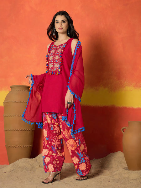 Stylum Women's Pink Solid & Embroidered Pure Cotton Straight Kurti Farshi Salwar With Dupatta (KSDPINKKOTTY)