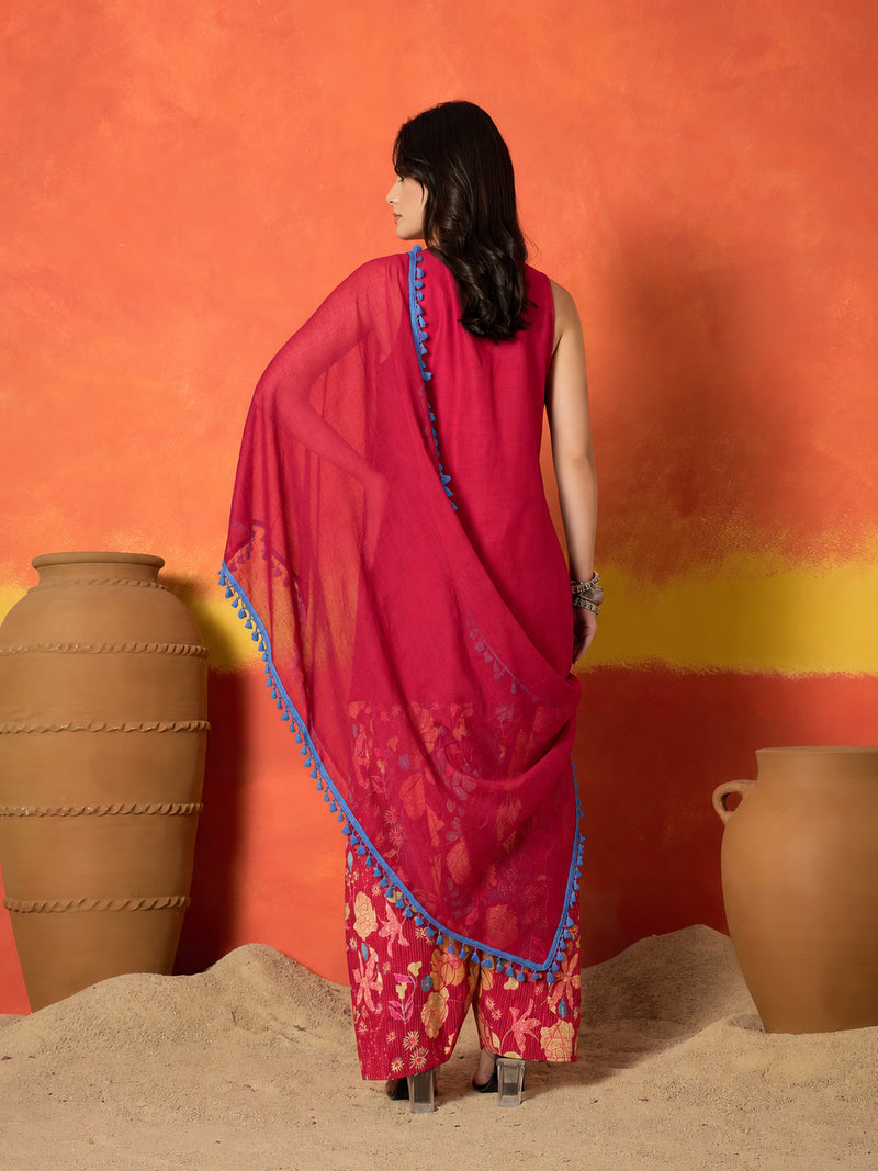 Stylum Women's Pink Solid & Embroidered Pure Cotton Straight Kurti Farshi Salwar With Dupatta (KSDPINKKOTTY)