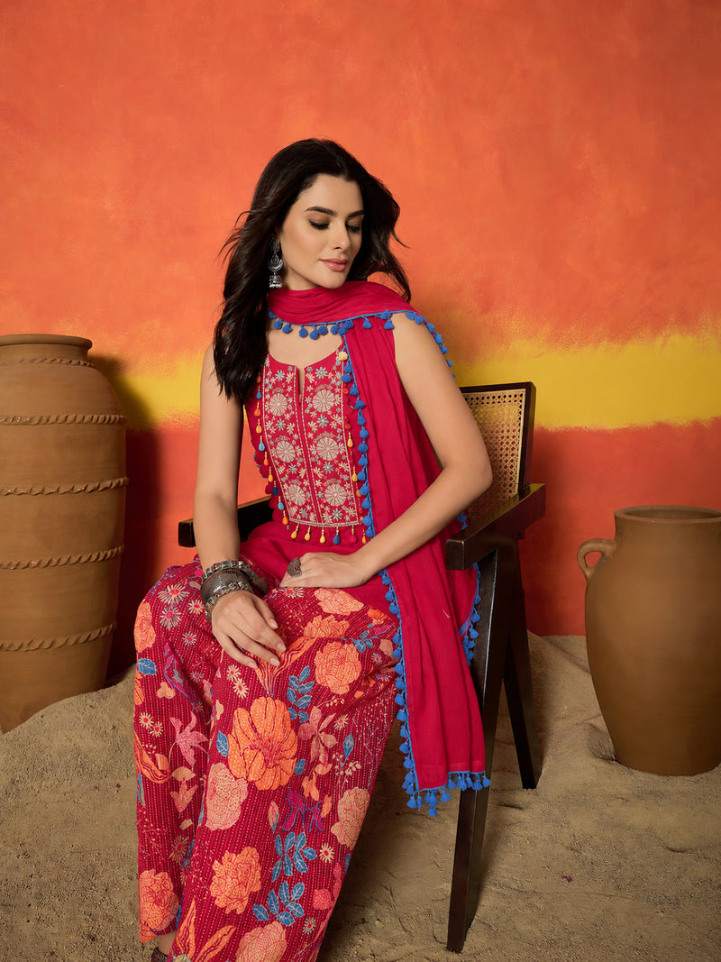 Stylum Women's Pink Solid & Embroidered Pure Cotton Straight Kurti Farshi Salwar With Dupatta (KSDPINKKOTTY)