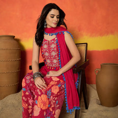 Stylum Women's Pink Solid & Embroidered Pure Cotton Straight Kurti Farshi Salwar With Dupatta (KSDPINKKOTTY)