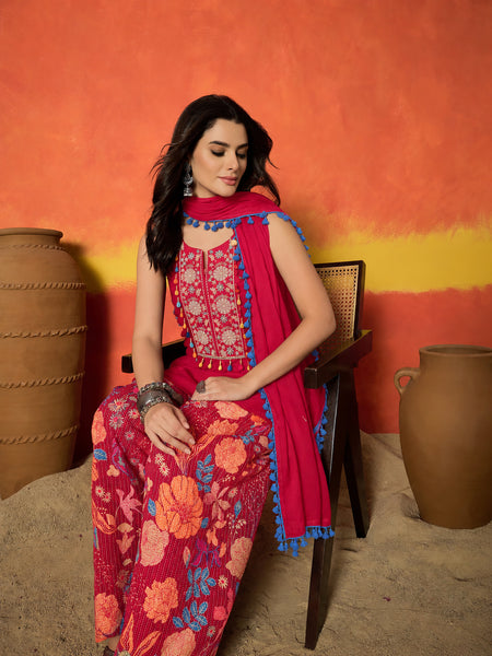 Stylum Women's Pink Solid & Embroidered Pure Cotton Straight Kurti Farshi Salwar With Dupatta (KSDPINKKOTTY)