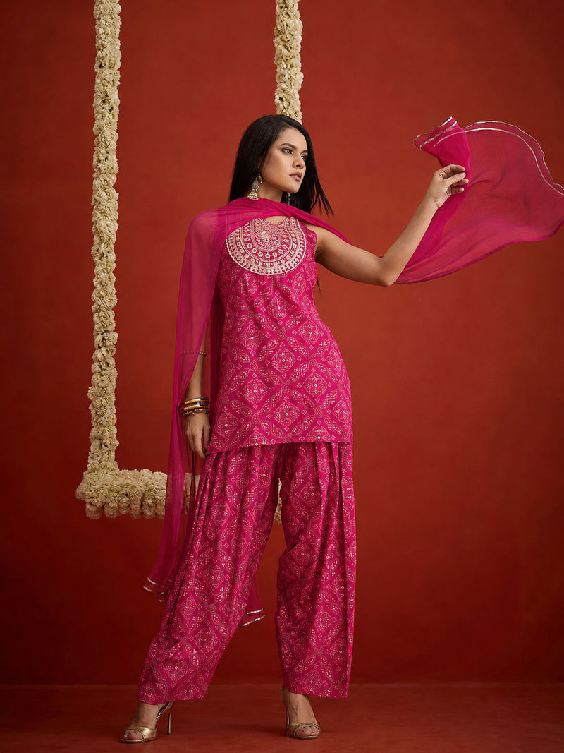 Stylum Women's Pink Bandhej Printed & Embroidered Rayon Straight Short Kurti Farshi Salwar Dupatta Set (KSDPINKNYCIL)