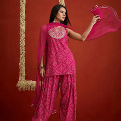 Stylum Women's Pink Bandhej Printed & Embroidered Rayon Straight Short Kurti Farshi Salwar Dupatta Set (KSDPINKNYCIL)