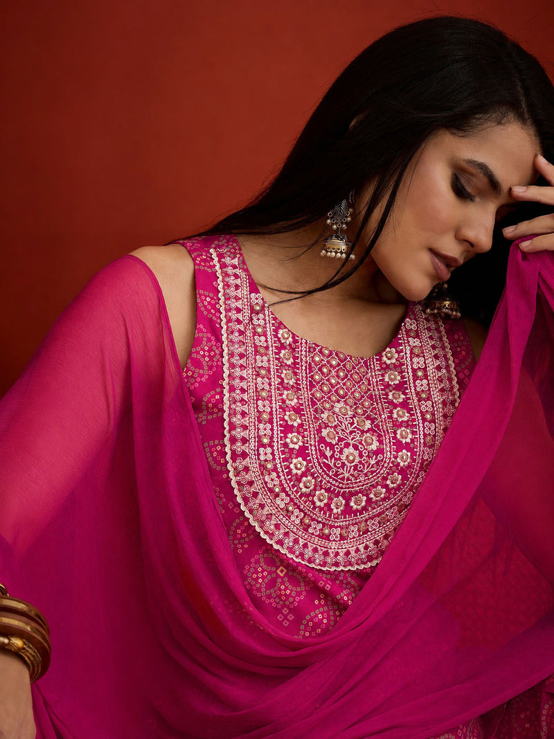 Stylum Women's Pink Bandhej Printed & Embroidered Rayon Straight Short Kurti Farshi Salwar Dupatta Set (KSDPINKNYCIL)