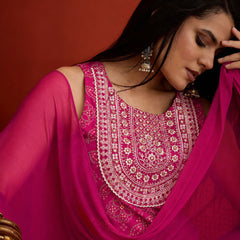 Stylum Women's Pink Bandhej Printed & Embroidered Rayon Straight Short Kurti Farshi Salwar Dupatta Set (KSDPINKNYCIL)
